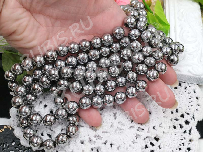 (ОПТ) Бусина округлая 10мм Гематит т.серебристый (камни) (НИТЬ)