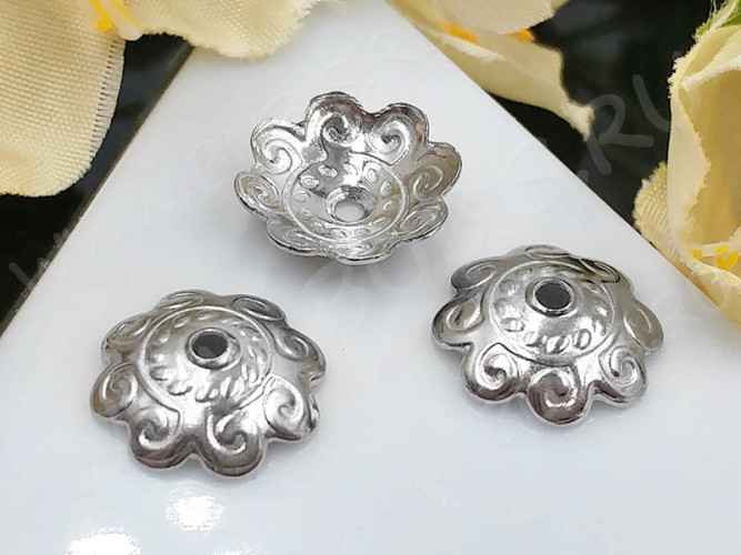 (СКИДКИ!!!) Шапочка тонкая 106 простая 41 Завитки 10,5*10,5*3мм цвет платины (Хирургическая Сталь) (10шт)