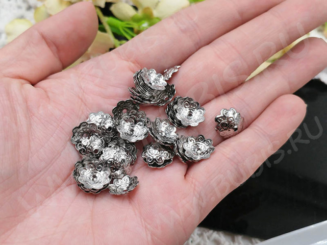 (СКИДКИ!!!) Шапочка тонкая 106 простая 41 Завитки 10,5*10,5*3мм цвет платины (Хирургическая Сталь) (10шт)