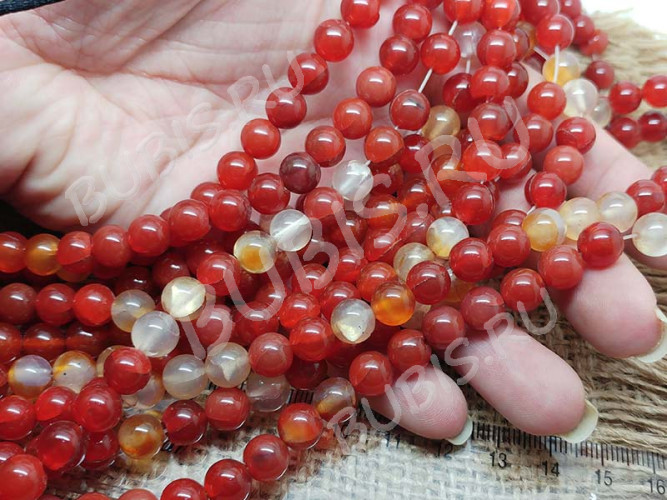 (ОПТ) Бусина округлая ГЛАДКАЯ 8мм Сердолик натуральный (камни) (НИТЬ)