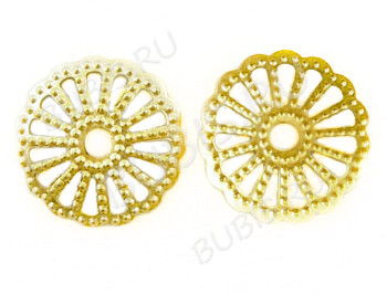 (СКИДКИ!!!) Шапочка тонкая 035 ажурная простая 13*13*2мм золотистая (Iron) (имитация скани) (10шт.)