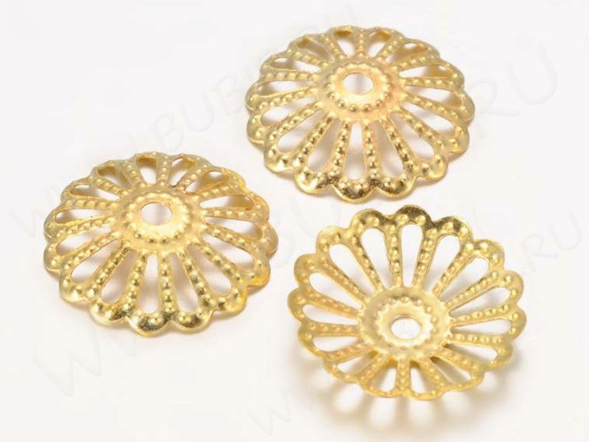 (СКИДКИ!!!) Шапочка тонкая 035 ажурная простая 13*13*2мм золотистая (Iron) (имитация скани) (10шт.)