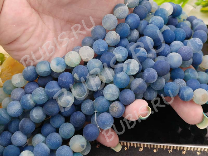 (ОПТ) Бусина округлая 10мм матовый Агат кракле сине-голубой полупрозрачный (камни) (НИТЬ)