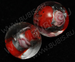212 Бусина округлая с розочкой и серебром 12мм красная прозрачная (венецианское стекло)
