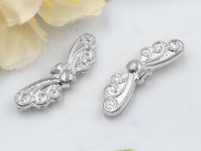 Бусина 183 Крылья 06 3D с завитками 22*7*3мм серебристые (литьё)