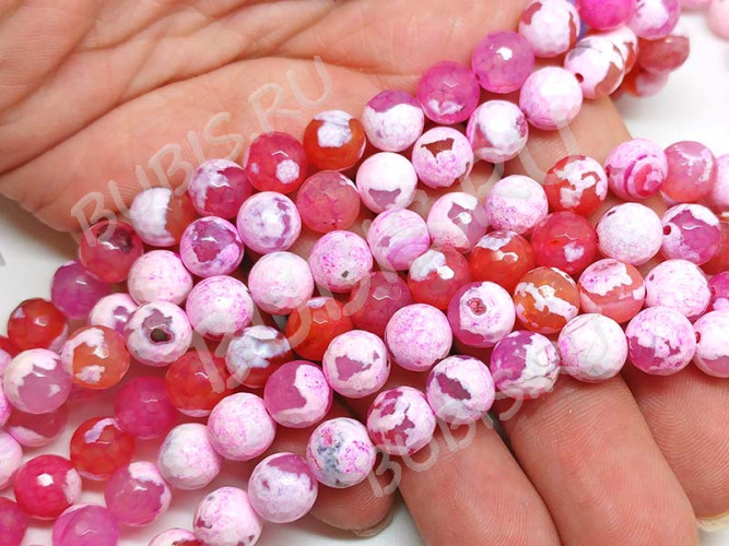 (ОПТ) Бусина округлая ГРАНЁНАЯ 8мм Агат кракле Огненный розово-белый (камни) (НИТЬ)