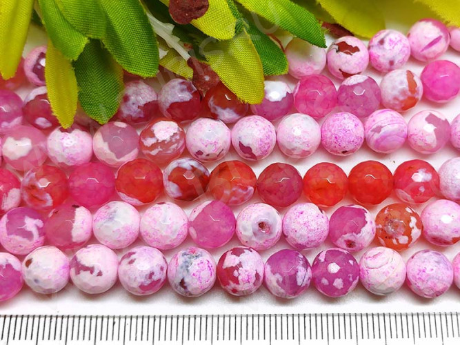 (ОПТ) Бусина округлая ГРАНЁНАЯ 8мм Агат кракле Огненный розово-белый (камни) (НИТЬ)