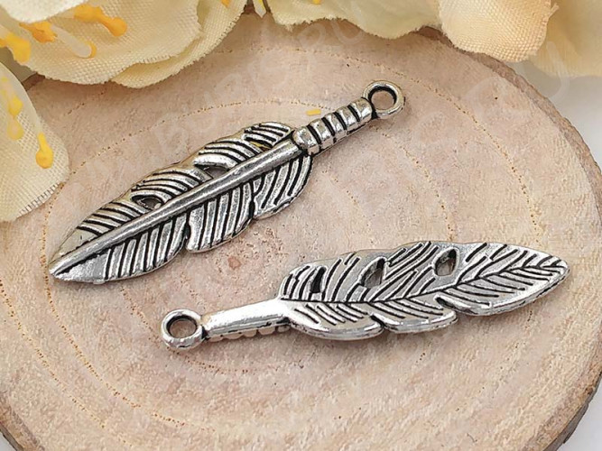 (СКИДКИ!!!) Подвеска Пёрышко 21 3D 29,5*8*1,7мм античное серебро (литьё) (10шт.)