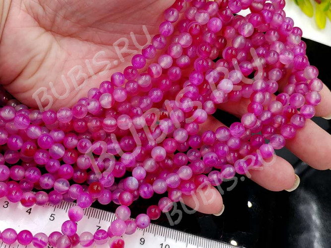 (ОПТ) Бусина округлая ГЛАДКАЯ 6мм Агат Мадагаскарский фуксия с молочным (камни) (НИТЬ)