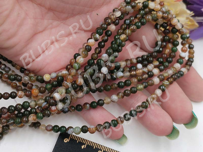 (ОПТ) Бусина округлая ГЛАДКАЯ 4,5мм Агат МАДАГАСКАРСКИЙ коричнево-зелёно-молочный натуральный (камни) (НИТЬ)