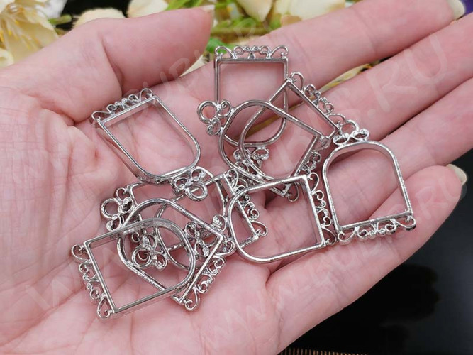 Подвеска Рамка 15 Клетка с узорами 32*19*3,5мм цвет платины (литьё)