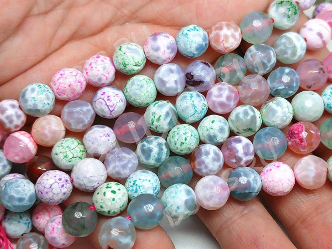 (ОПТ) Бусина округлая ГРАНЁНАЯ 8мм Агат кракле Огненный леденцовый микс (камни) (НИТЬ)