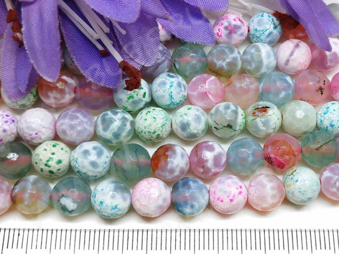 (ОПТ) Бусина округлая ГРАНЁНАЯ 8мм Агат кракле Огненный леденцовый микс (камни) (НИТЬ)