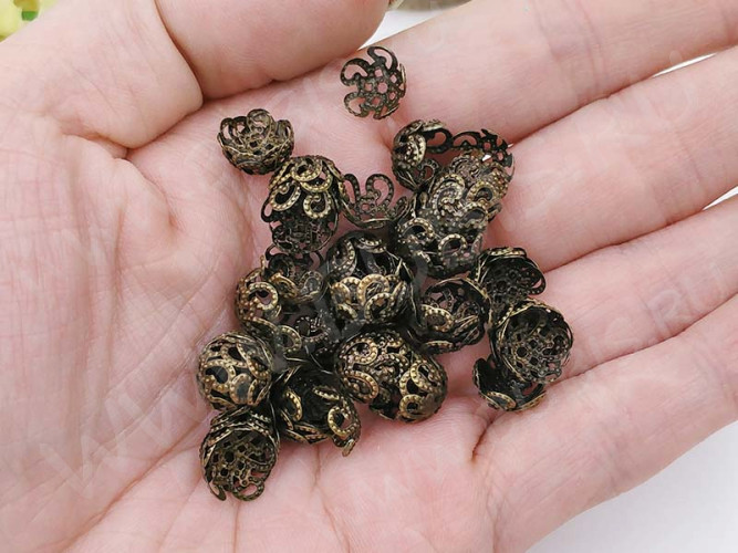 Шапочка тонкая 066 ажурная чашечка 10*10*4мм античная бронза (Iron) (имитация скани) (10шт.)