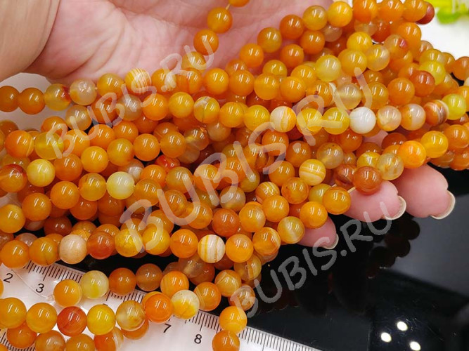 (ОПТ) Бусина округлая ГЛАДКАЯ 8мм Агат Мадагаскарский рыже-молочный (камни) (НИТЬ)