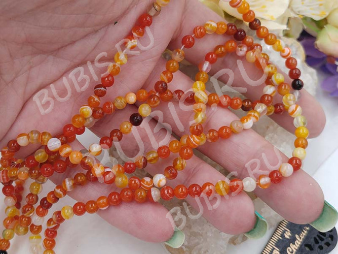 (ОПТ) Бусина округлая ГЛАДКАЯ 4,5мм Агат МАДАГАСКАРСКИЙ рыже-молочный натуральный (камни) (НИТЬ)
