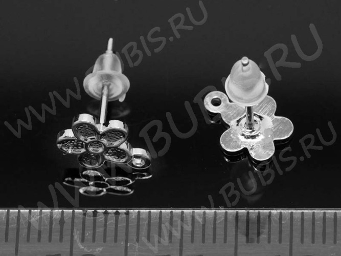 Пуссеты ("гвоздики") №090 Цветочек 9*7*13мм цвет платины (LUX Китай) (Brass) (1 пара)