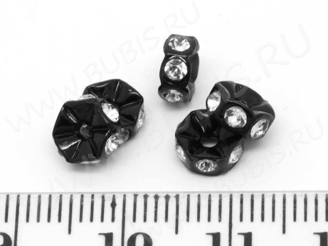 Рондель со стразами 19 6*6*2,5мм чёрный с прозрачными стразами (сплав)