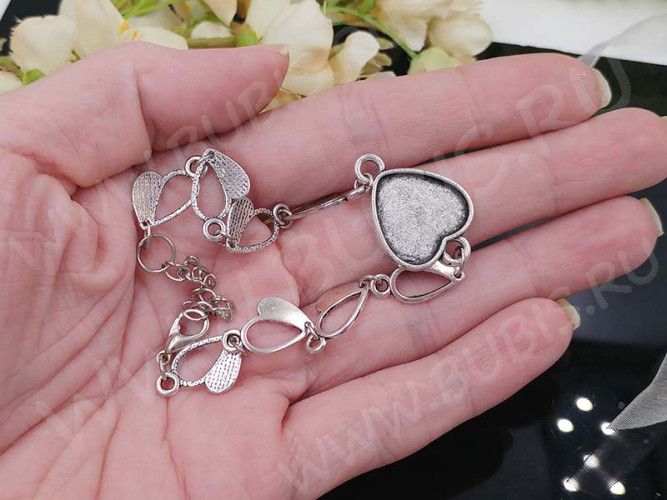 Основа (заготовка) для браслета №57 с сеттингом 15мм Сердечко 19(+5)см античное серебро (литьё и Iron)