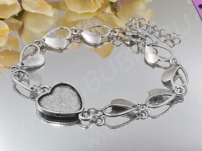 Основа (заготовка) для браслета №57 с сеттингом 15мм Сердечко 19(+5)см античное серебро (литьё и Iron)