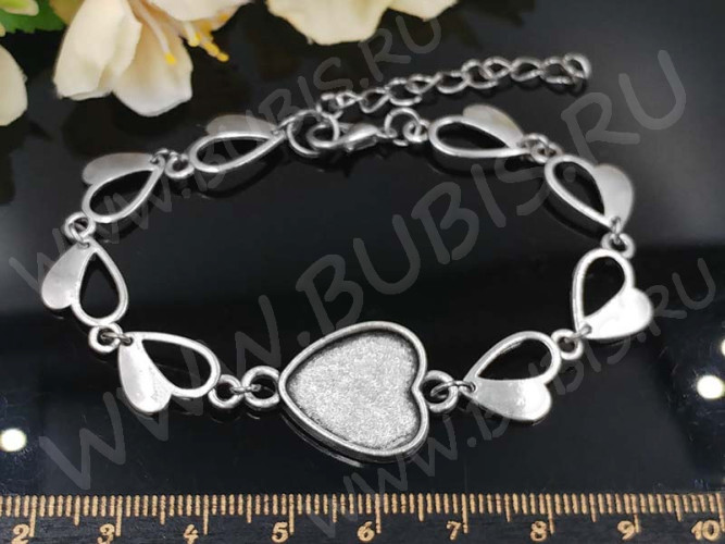 Основа (заготовка) для браслета №57 с сеттингом 15мм Сердечко 19(+5)см античное серебро (литьё и Iron)