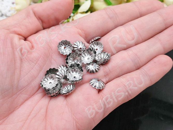 Шапочка тонкая 104 простая 43 Рифлёная 10,5*10,5*2,5мм цвет платины (Хирургическая Сталь) (2шт.)