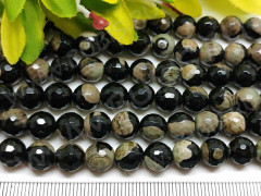 (ОПТ) Бусина округлая ГРАНЁНАЯ 8мм Агат Пятнистый черно-бежевый (камни) (НИТЬ)