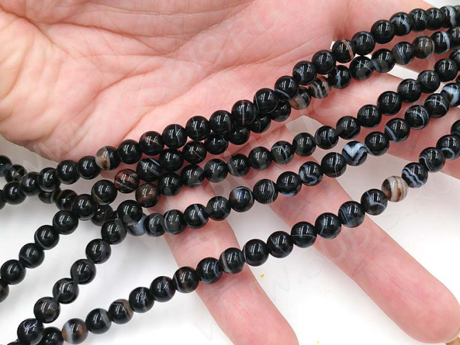 (ОПТ) Бусина округлая ГЛАДКАЯ 6мм Агат Мадагаскарский чёрный (камни) (НИТЬ)