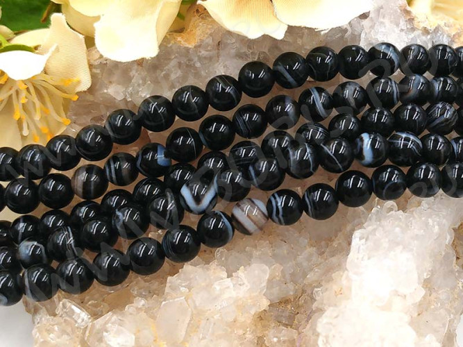 (ОПТ) Бусина округлая ГЛАДКАЯ 6мм Агат Мадагаскарский чёрный (камни) (НИТЬ)
