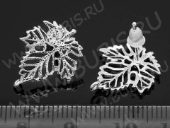 Пуссеты (&quot;гвоздики&quot;) №069 Листик резной 18*15*12,5мм серебистый (LUX Китай) (Brass) (1 пара)