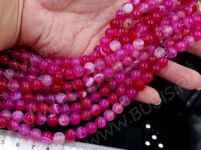 (ОПТ) Бусина округлая ГЛАДКАЯ 8мм Агат Мадагаскарский фуксия с молочным (камни) (НИТЬ)