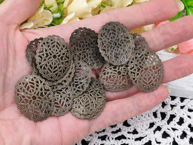 Декоративный элемент 019 ажурный Овал коннектор 30*23,5*2,5мм античная бронза (Brass) (имитация скани)