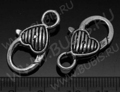 Замочек карабин №032 с полосатым сердечком 25,5*14*6мм античное серебро (литьё)