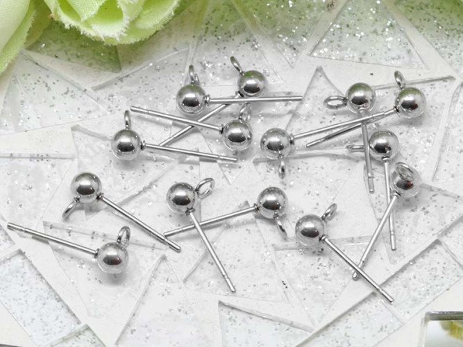 (СКИДКИ!!!) Пуссеты ("гвоздики") №139 с шариком 4мм и петелькой 16*6,5*0,7мм цвет платины (хирургическая сталь) (10 пар)