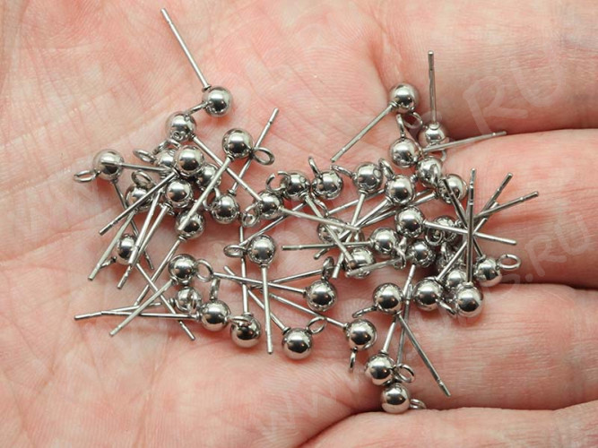 (СКИДКИ!!!) Пуссеты ("гвоздики") №139 с шариком 4мм и петелькой 16*6,5*0,7мм цвет платины (хирургическая сталь) (10 пар)