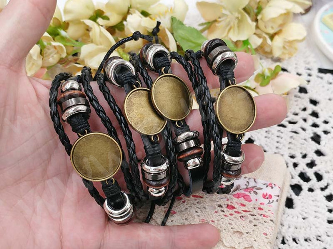 Основа (заготовка) для браслета №60 многорядная 5,5см с сеттингом 20мм античная бронза и чёрный (сплав и шнуры)