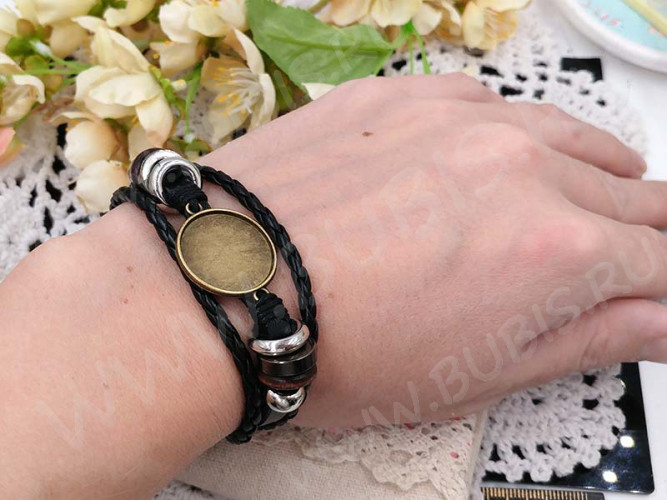 Основа (заготовка) для браслета №60 многорядная 5,5см с сеттингом 20мм античная бронза и чёрный (сплав и шнуры)