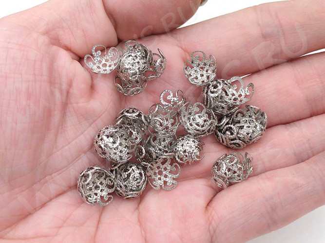 (СКИДКИ!!!) Шапочка тонкая 066 ажурная чашечка 10*10*4мм вет платины (Iron) (имитация скани) (50шт.)