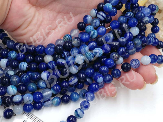 (ОПТ) Бусина округлая ГЛАДКАЯ 8мм Агат Мадагаскарский сине-молочный (камни) (НИТЬ)