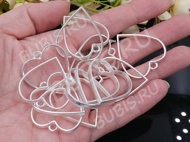 Подвеска Рамка 09 Сердце 34*30*3,7мм матовая серебристая (литьё)