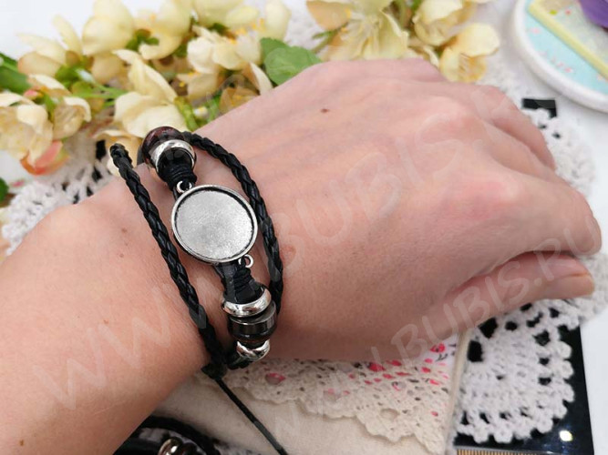 Основа (заготовка) для браслета №61 многорядная 5,5см с сеттингом 20мм античное серебро и чёрный (сплав и шнуры)