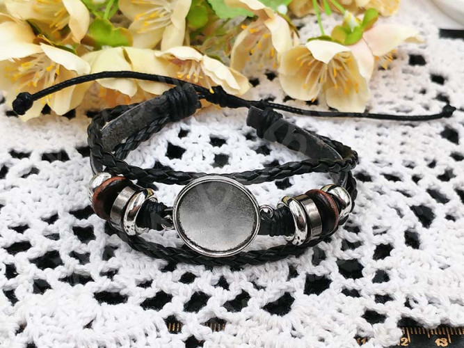 Основа (заготовка) для браслета №61 многорядная 5,5см с сеттингом 20мм античное серебро и чёрный (сплав и шнуры)