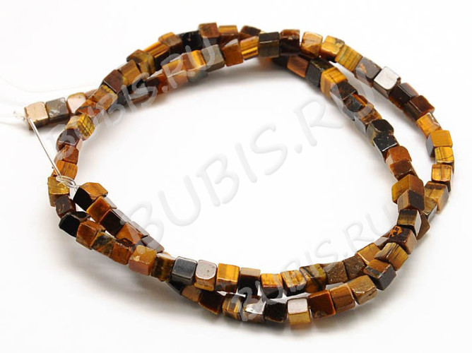 (ОПТ) Бусина каменная Кубик 11 4*4*4мм Тигровый глаз (камни) (НИТЬ)