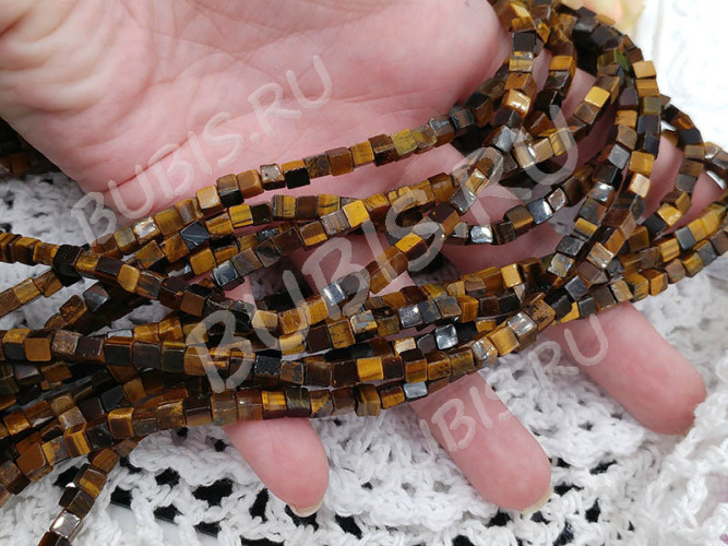 (ОПТ) Бусина каменная Кубик 11 4*4*4мм Тигровый глаз (камни) (НИТЬ)