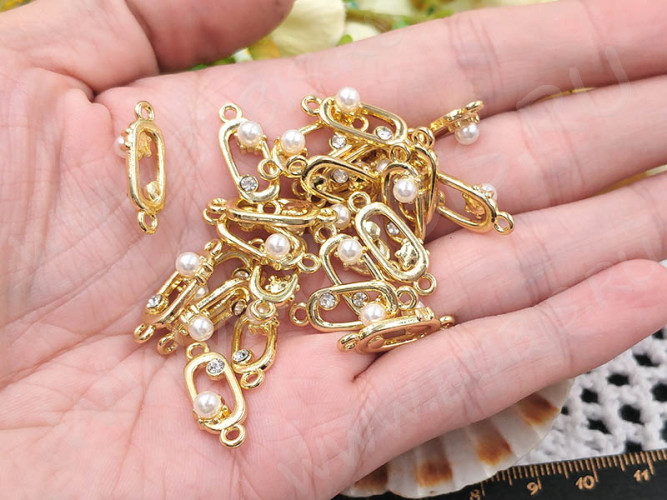 342 Коннектор овальный рамка со стразом и "жемчужинкой" 21*8*5мм светлое золото, белый и прозрачный (LUX Китай) (сплав, стекло и акрил)