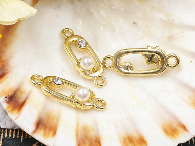 342 Коннектор овальный рамка со стразом и "жемчужинкой" 21*8*5мм светлое золото, белый и прозрачный (LUX Китай) (сплав, стекло и акрил)