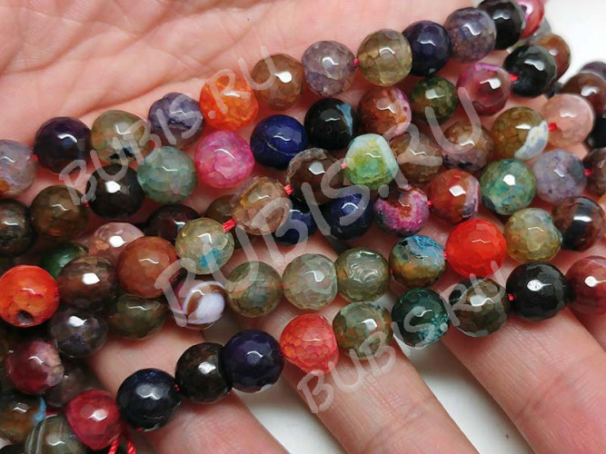 (ОПТ) Бусина округлая ГРАНЁНАЯ 8мм Агат кракле Микс темный (камни) (НИТЬ)