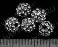 (СКИДКИ!!!) Бусина Шамбала 05 10мм чёрно-серебристая стразами (керамика и стекло) (5ШТ.)