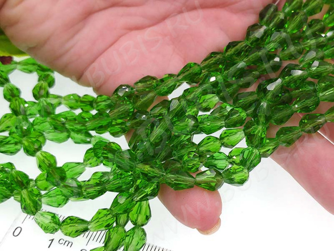 Бусина Капля гранёная 7,5*6*6мм зелёная прозрачная (имитация Сваровски) (10шт.)