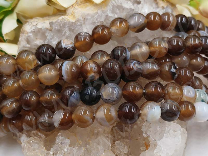 (ОПТ) Бусина округлая ГЛАДКАЯ 8мм Агат Мадагаскарский коричнево-молочный (камни) (НИТЬ)